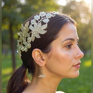 Vining Leaves & Flowers Side Headband w Swarovski Crystals | Soft Gold